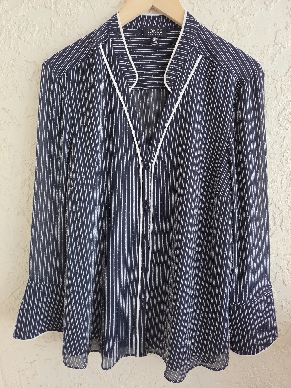 Jones New York Navy Pinstripe Button-Down Blouse with White Piping